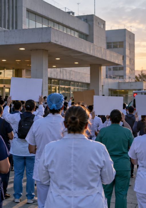 Trabajadores de la salud frente a un hospital del IMSS; ilustración editorial generada con IA.