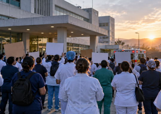 Trabajadores de la salud frente a un hospital del IMSS; ilustración editorial generada con IA.