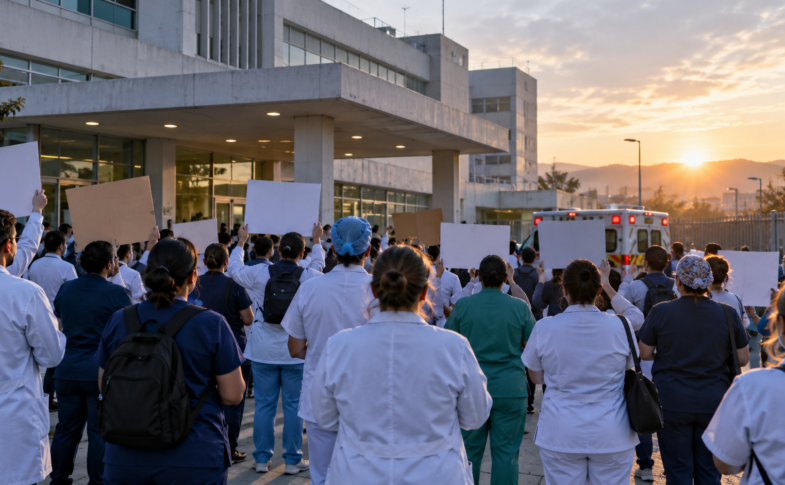 Trabajadores de la salud frente a un hospital del IMSS; ilustración editorial generada con IA.