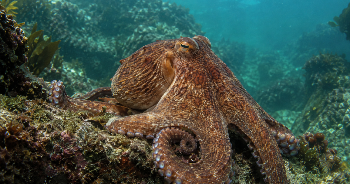 Pulpo marrón moteado sobre rocas bajo el agua; ilustración editorial generada con IA.