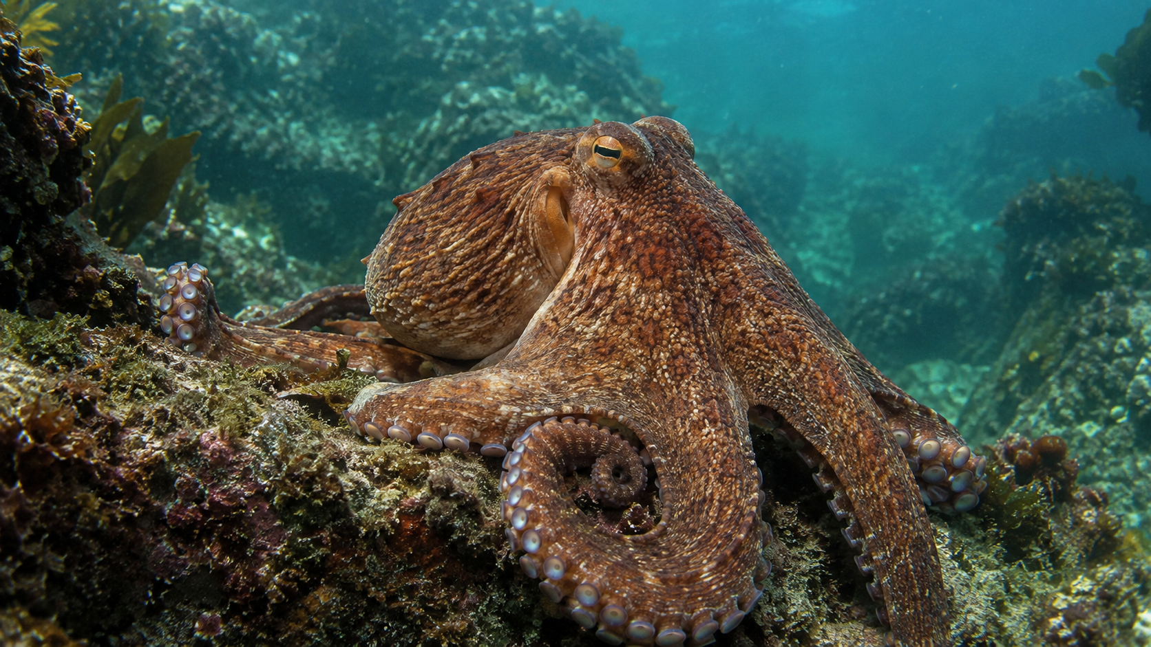 Pulpo marrón moteado sobre rocas bajo el agua; ilustración editorial generada con IA.