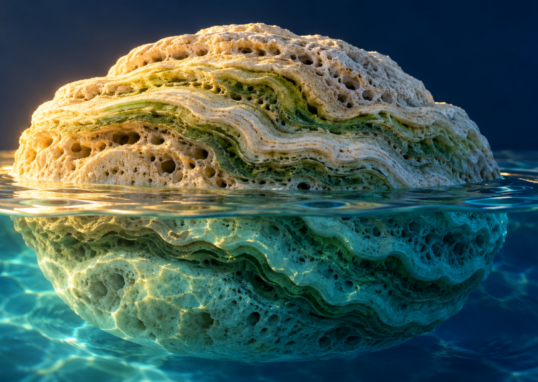 Ilustración de una estructura mineral porosa con capas verdes, parcialmente sumergida en agua azul.
