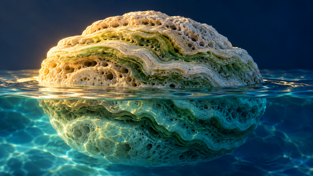 Ilustración de una estructura mineral porosa con capas verdes, parcialmente sumergida en agua azul.