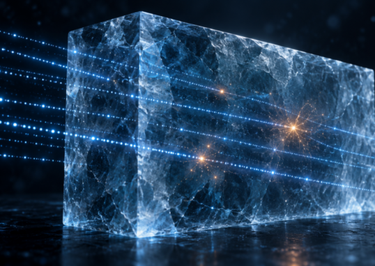 Puntos de luz azul atraviesan un bloque translúcido imaginario con pocos destellos cálidos.