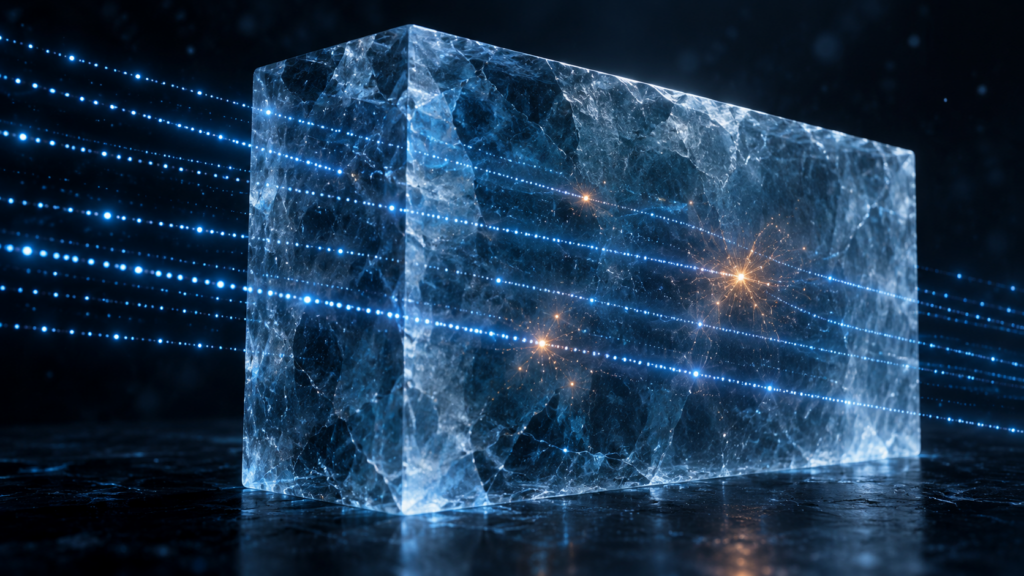 Puntos de luz azul atraviesan un bloque translúcido imaginario con pocos destellos cálidos.