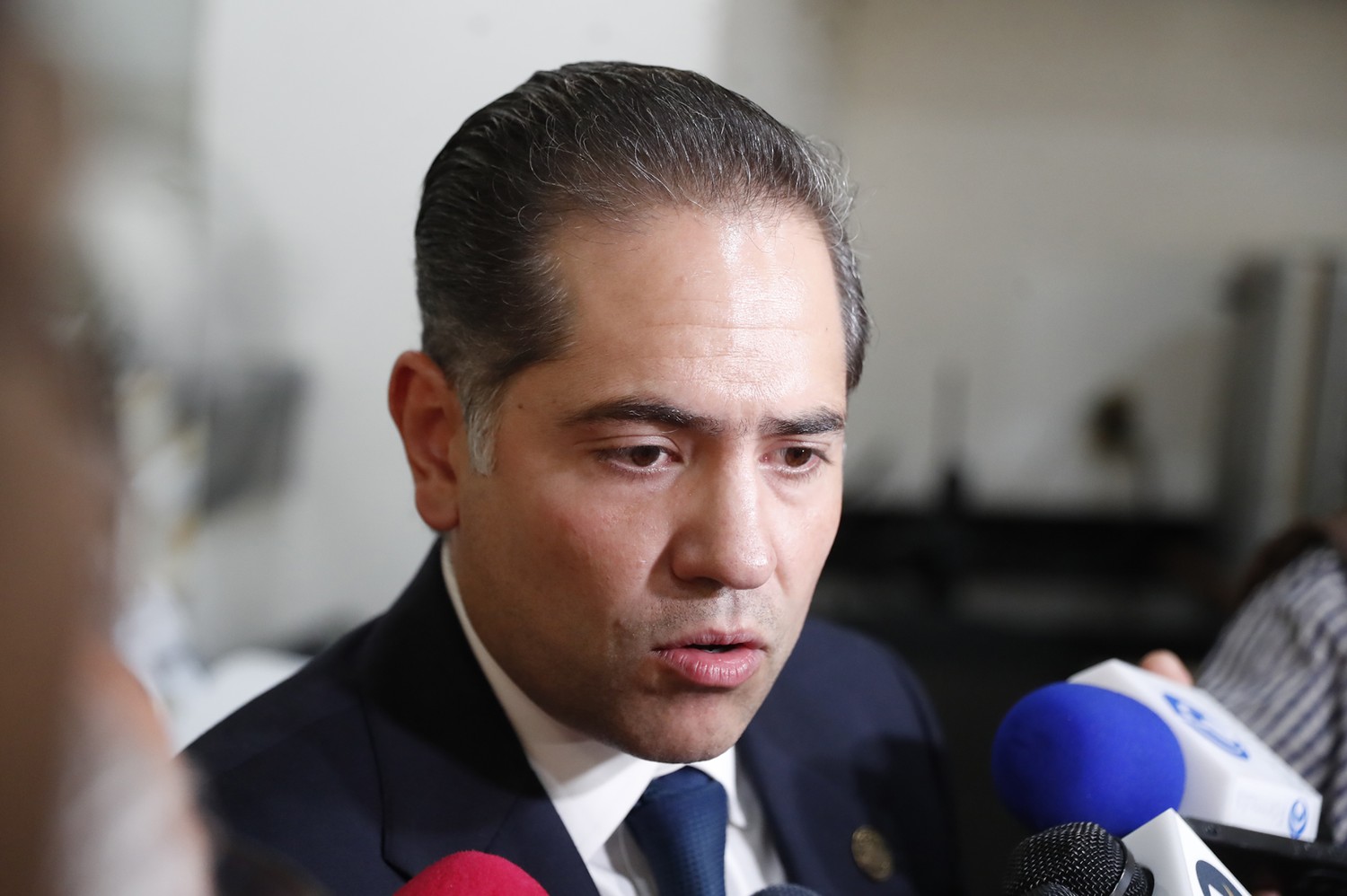 Entrevista con medios de comunicación en un recinto legislativo.