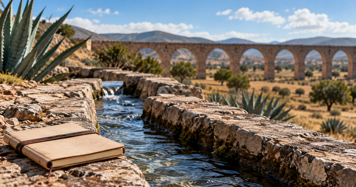 Recreación de un canal de piedra con agua, libreta y arcada rural al fondo.
