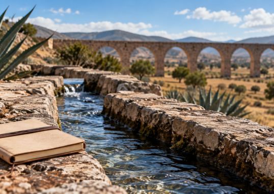 Recreación de un canal de piedra con agua, libreta y arcada rural al fondo.