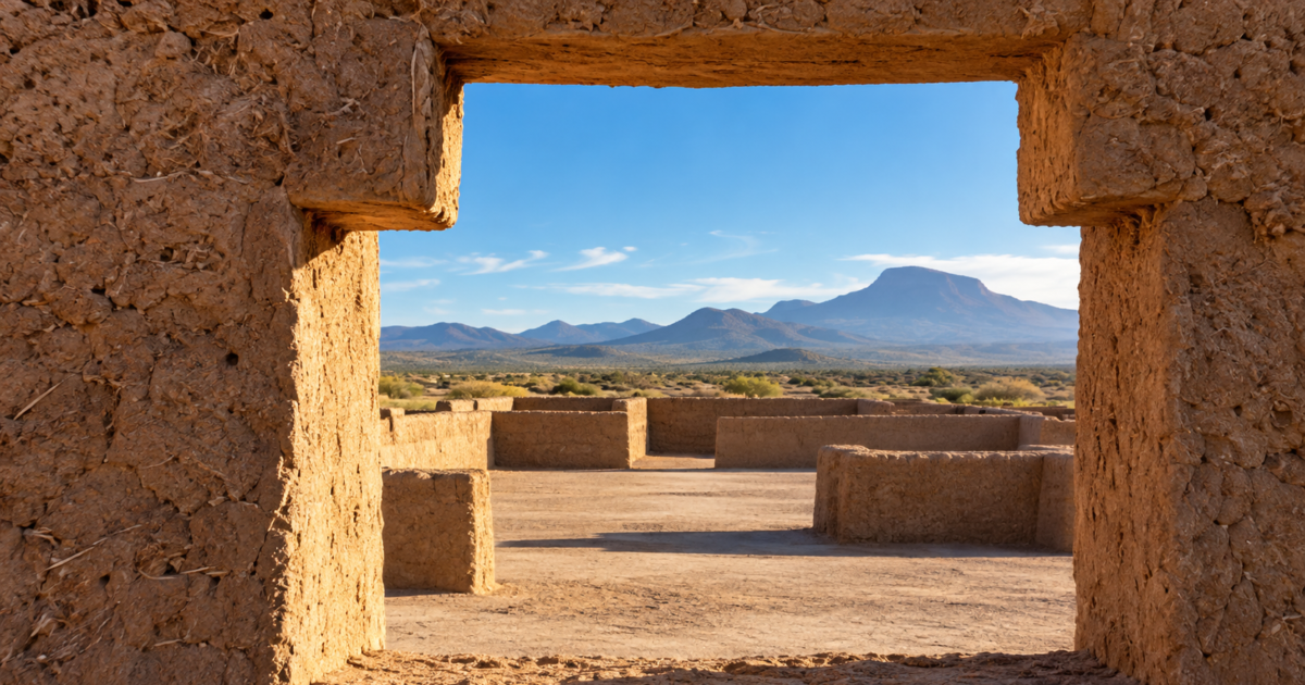 Recreación de una abertura en T de adobe frente a un patio y paisaje árido.
