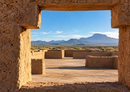 Recreación de una abertura en T de adobe frente a un patio y paisaje árido.